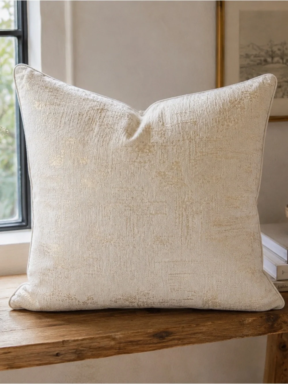 Ivory Gold Metallic Textured Decorative Pillow Cover 22” Square Zip Closure
